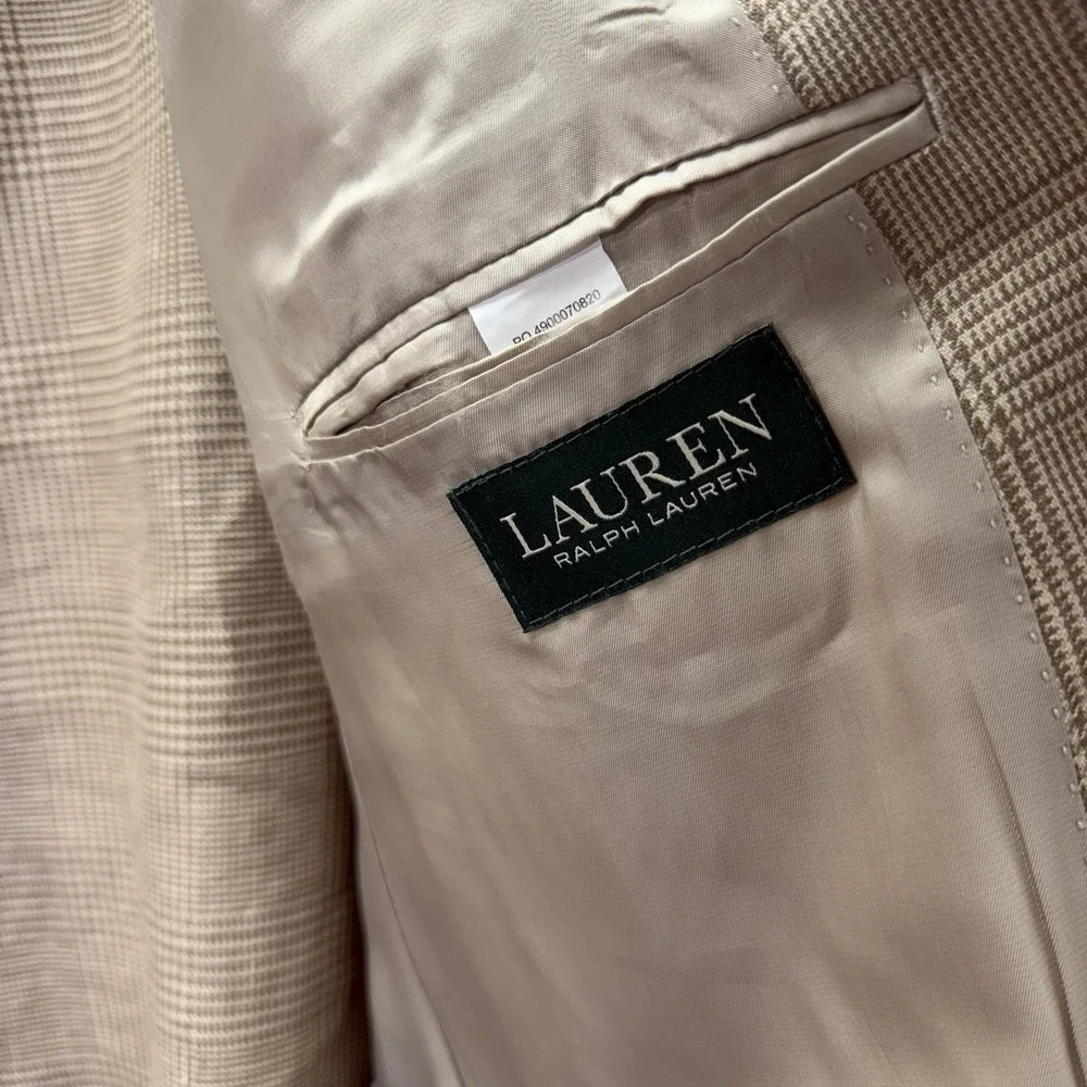 Ralph Lauren Sport Coat Blazer Mens Size 48 L Tan 100% Linen Summer Jacket Plaid
